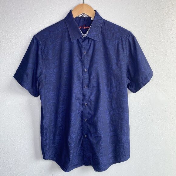 Robert Grahman Mens Large Navy Paisley Button Up Shirt Flip Cuff Short Sleeve - Picture 3 of 10